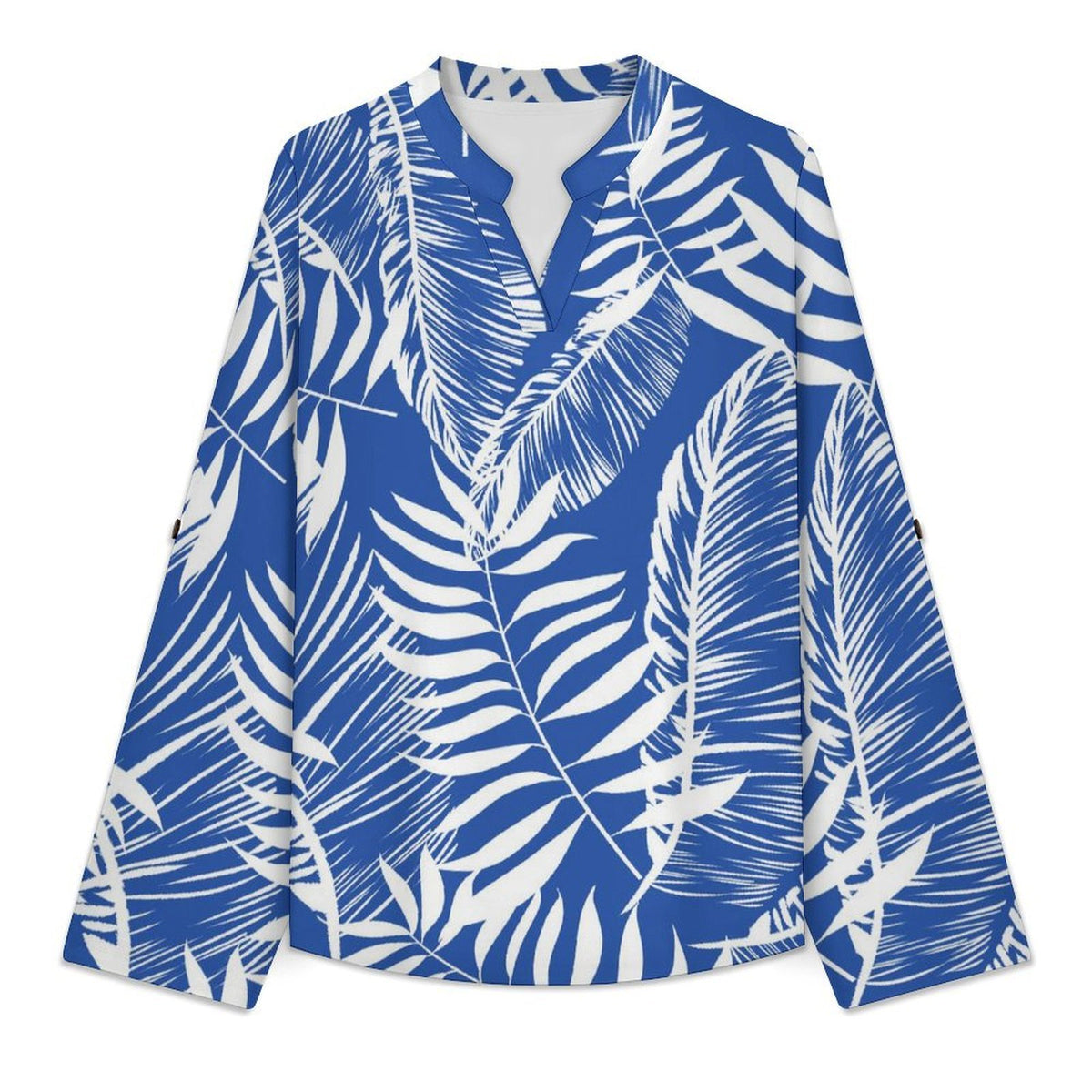 Summer-flower-blue-full Print-T-shirt-phone Case Roll Tab 3/4 Sleeve Notched V Neck Tunic Blouse