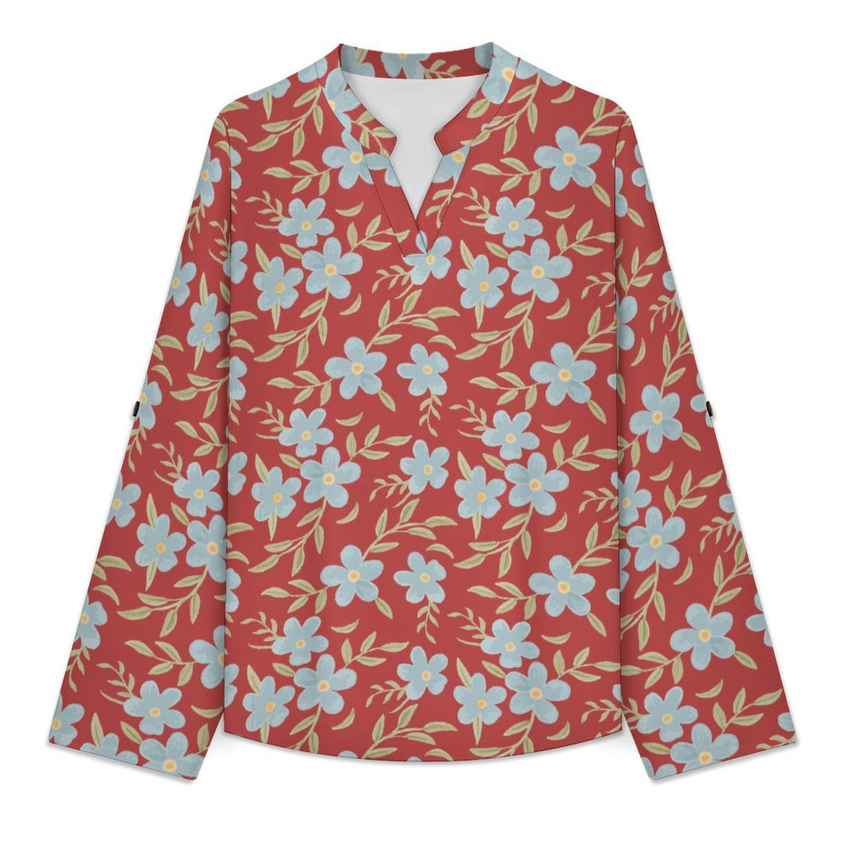 Versatile Notched V-Neck Tunic | Roll Tab 3/4 Sleeve Office Casual Top  Floral Repeat Pattern Skirt for Women