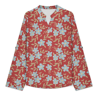 Versatile Notched V-Neck Tunic | Roll Tab 3/4 Sleeve Office Casual Top  Floral Repeat Pattern Skirt for Women