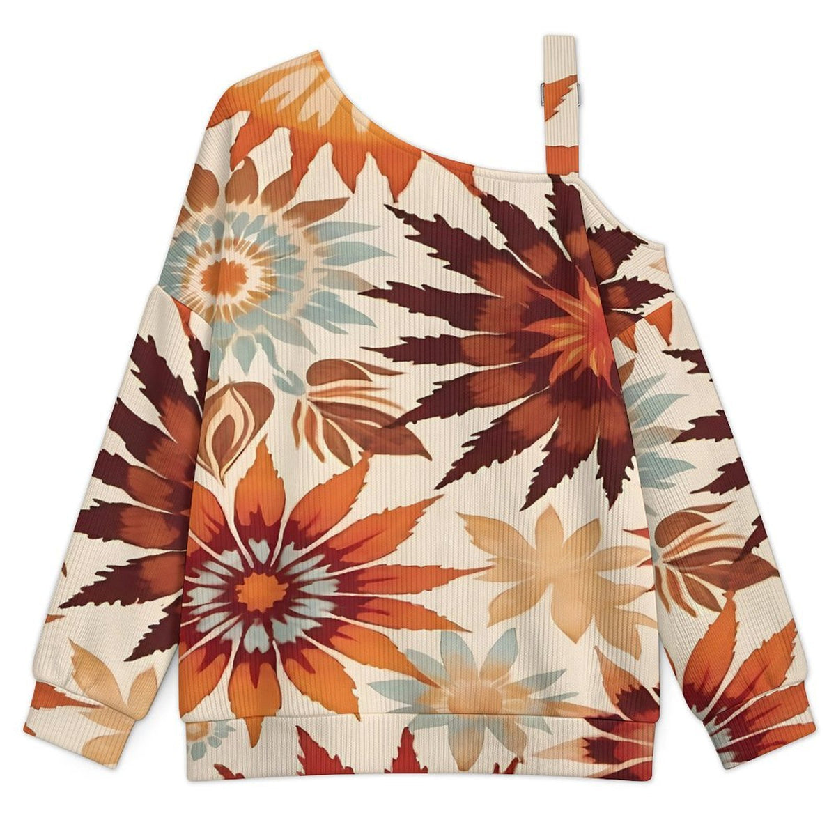 Fall Casual Asymmetric Shoulder Knit Top with Buckle Detail Tie Dye Stripes