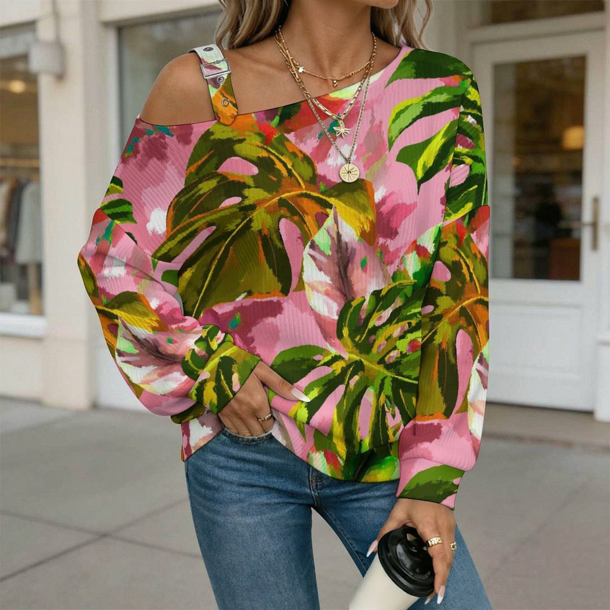 Pink, Green Marijuana Leaves Buckle Strap Asymmetrical Off Shoulder Knit Sweater