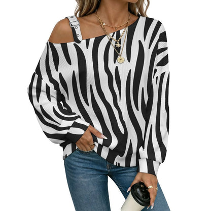 Black Zebra Pattern Fall Casual Asymmetric Shoulder Knit Top with Buckle Detail