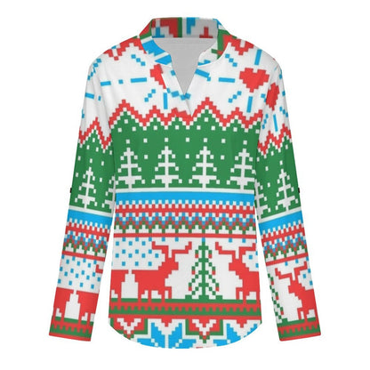 Versatile Notched V-Neck Tunic  Roll Tab 3/4 Sleeve Office Casual Top  Christmas Pattern