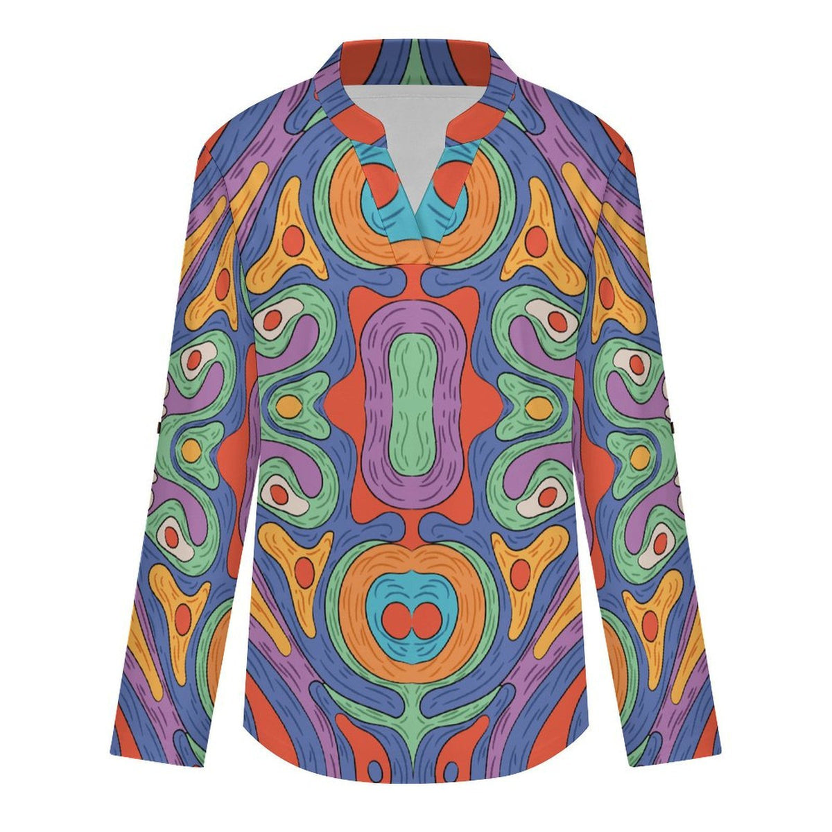 Women Curved Hem V Neck Roll Sleeve Casual Work Top  Repetitive Pattern