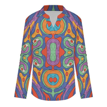Women Curved Hem V Neck Roll Sleeve Casual Work Top  Repetitive Pattern