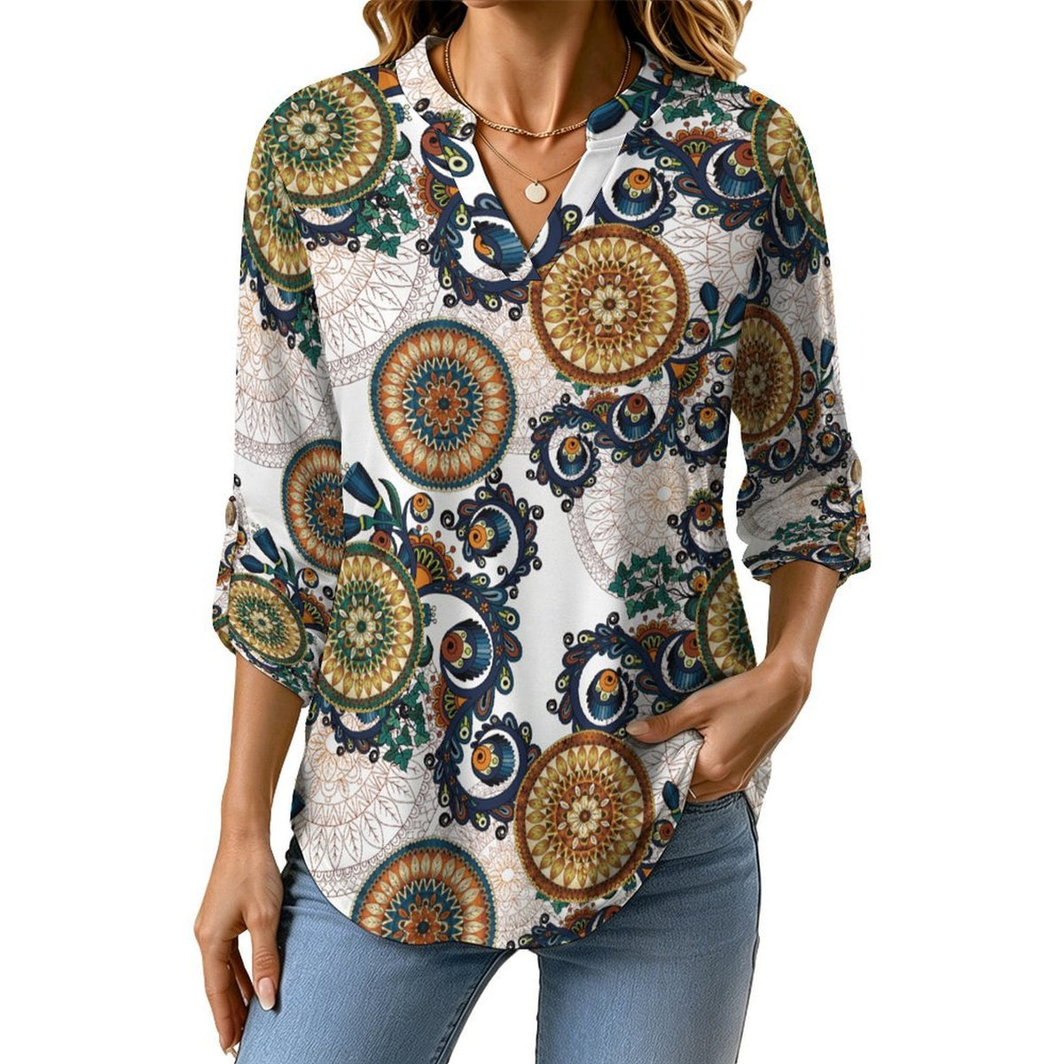 Repeated Patterns Complex Patterns of Wind  Versatile Notched V-Neck Tunic | Roll Tab 3/4 Sleeve Office Casual Top