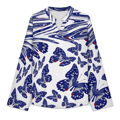 Women's Notched V Neck Tunic Tops, Roll Up 3/4 Sleeve Button Cuff Casual Blouse, Hem Loose Work Shirts  Butterflies, Shaking, Repeating Patterns