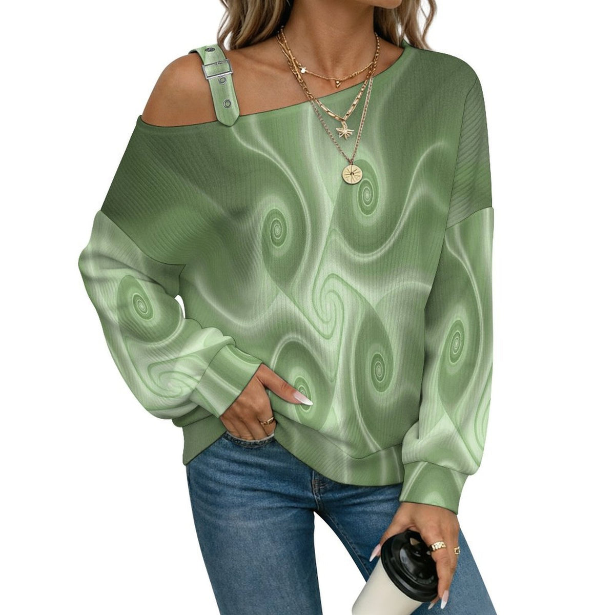 Fall Casual Asymmetric Shoulder Knit Top with Buckle Detail Green, Background, Abstract