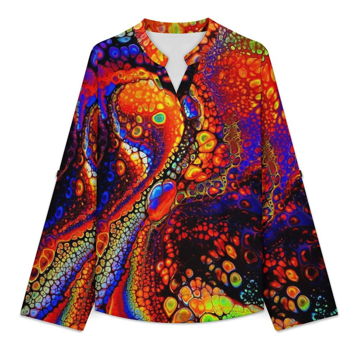 Bubbles  Women Curved Hem V Neck Roll Sleeve Casual Work Top