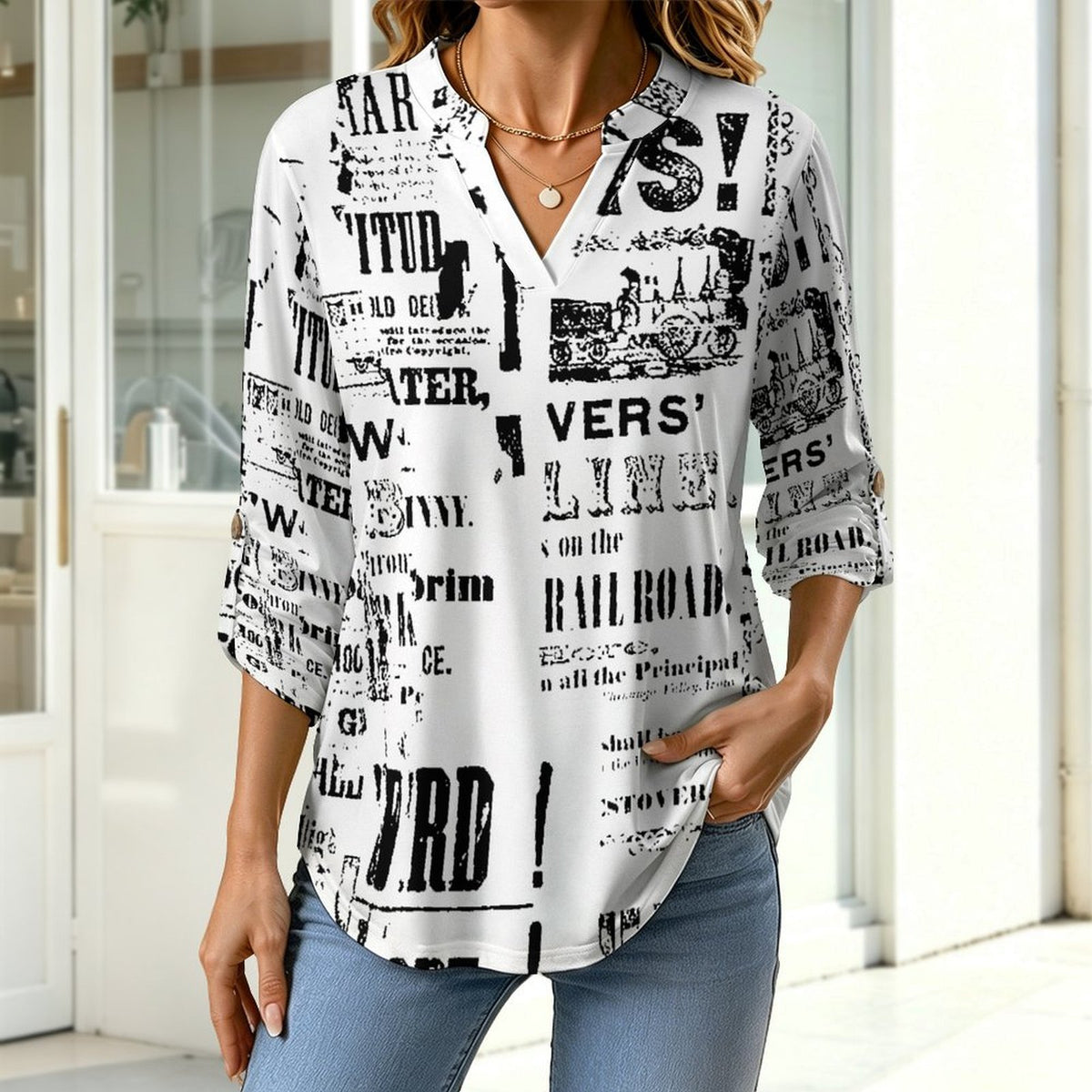 Stand-up Collar Long-sleeved Shirt Newspaper Vintage Dress white S Women’s V-Neck Blouses