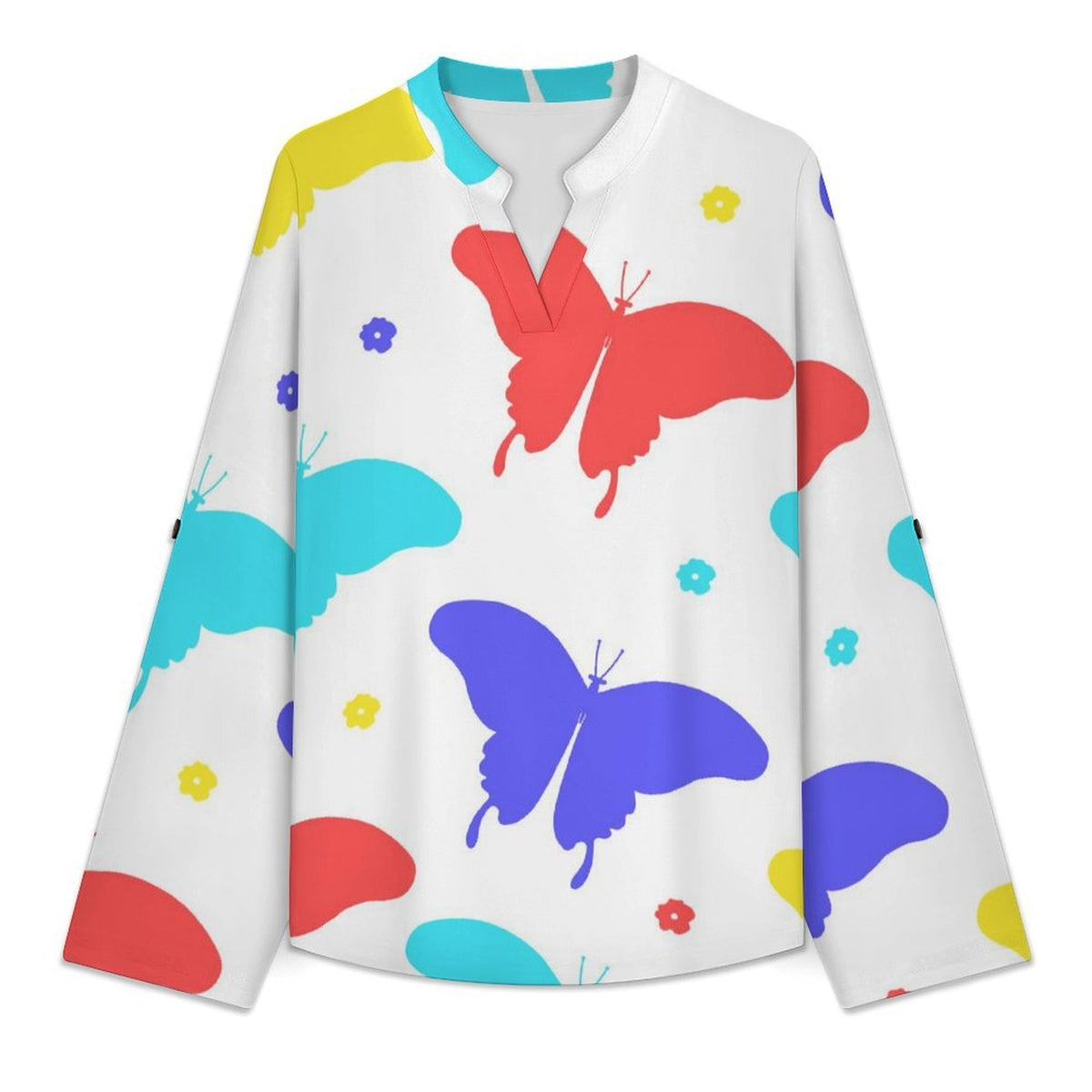 Women's Notched V Neck Tunic Tops, Roll Up 3/4 Sleeve Button Cuff Casual Blouse, Hem Loose Work Shirts  Butterfly-color-red-blue-yellow-repeat