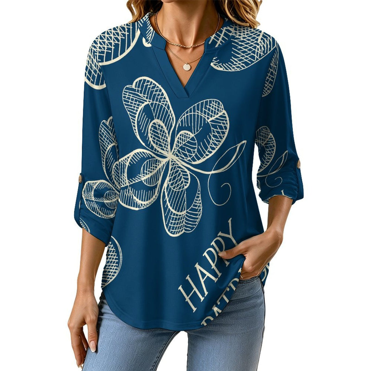 Women's Notched V Neck Tunic Tops, Roll Up 3/4 Sleeve Button Cuff Casual Blouse, Hem Loose Work Shirts Blue, St. Patrick's Day, Pattern