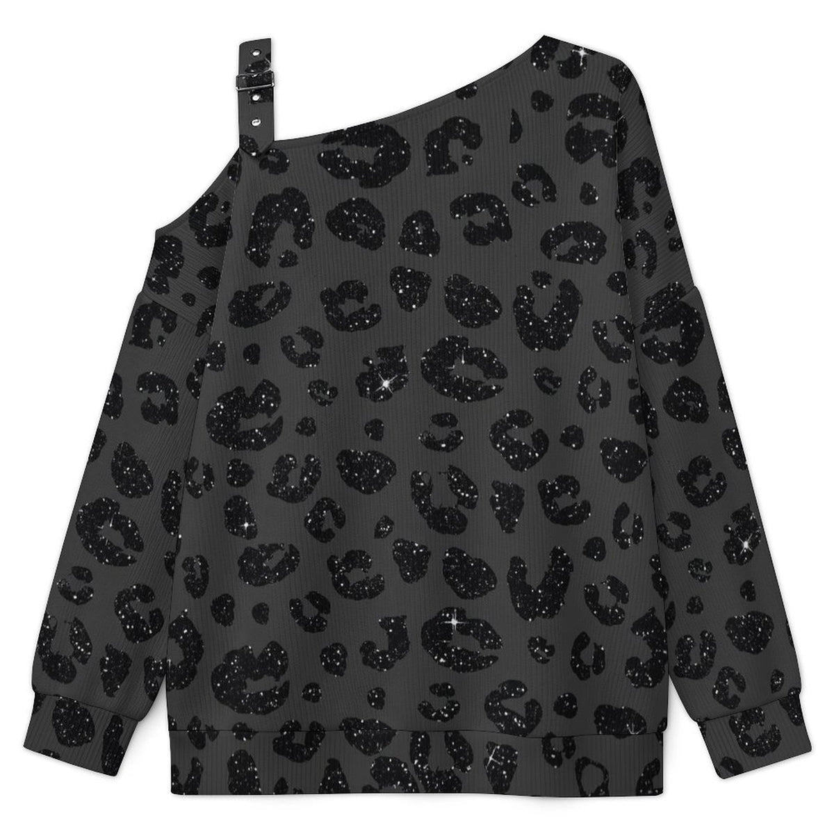 Fall Casual Asymmetric Shoulder Knit Top with Buckle Detail Leopard Print