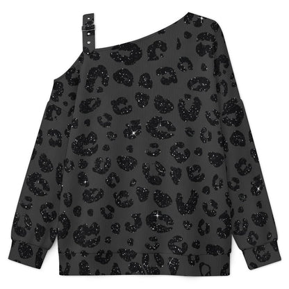 Fall Casual Asymmetric Shoulder Knit Top with Buckle Detail Leopard Print