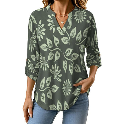Green Sunflower Leaves  Versatile Notched V-Neck Tunic | Roll Tab 3/4 Sleeve Office Casual Top