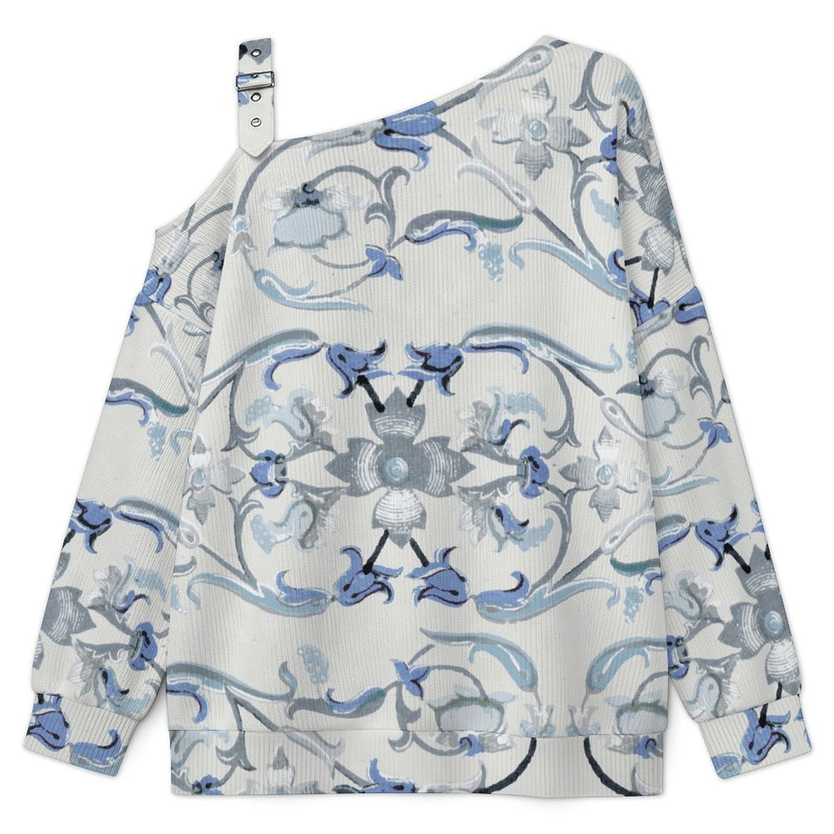 Off-the-shoulder SweaterChina, Blue And White Porcelain Women’s Off-Shoulder Knit Sweater