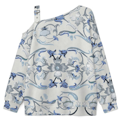 Off-the-shoulder SweaterChina, Blue And White Porcelain Women’s Off-Shoulder Knit Sweater
