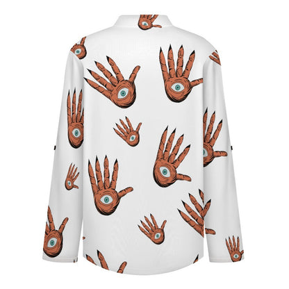 Versatile Notched V-Neck Tunic  Roll Tab 3/4 Sleeve Office Casual Top  Hands, Halloween, Repeating Pattern