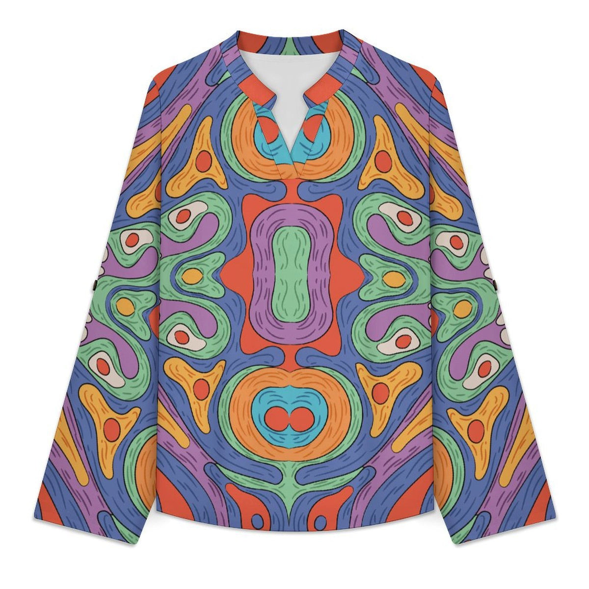 Women Curved Hem V Neck Roll Sleeve Casual Work Top  Repetitive Pattern