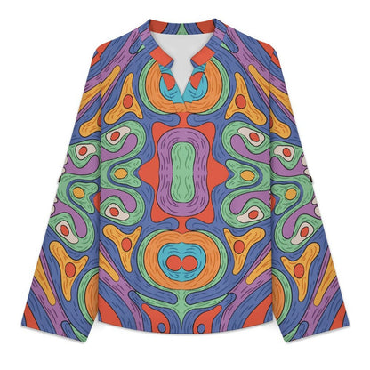 Women Curved Hem V Neck Roll Sleeve Casual Work Top  Repetitive Pattern