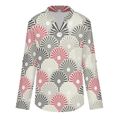 Repetitive Pattern  Versatile Notched V-Neck Tunic | Roll Tab 3/4 Sleeve Office Casual Top