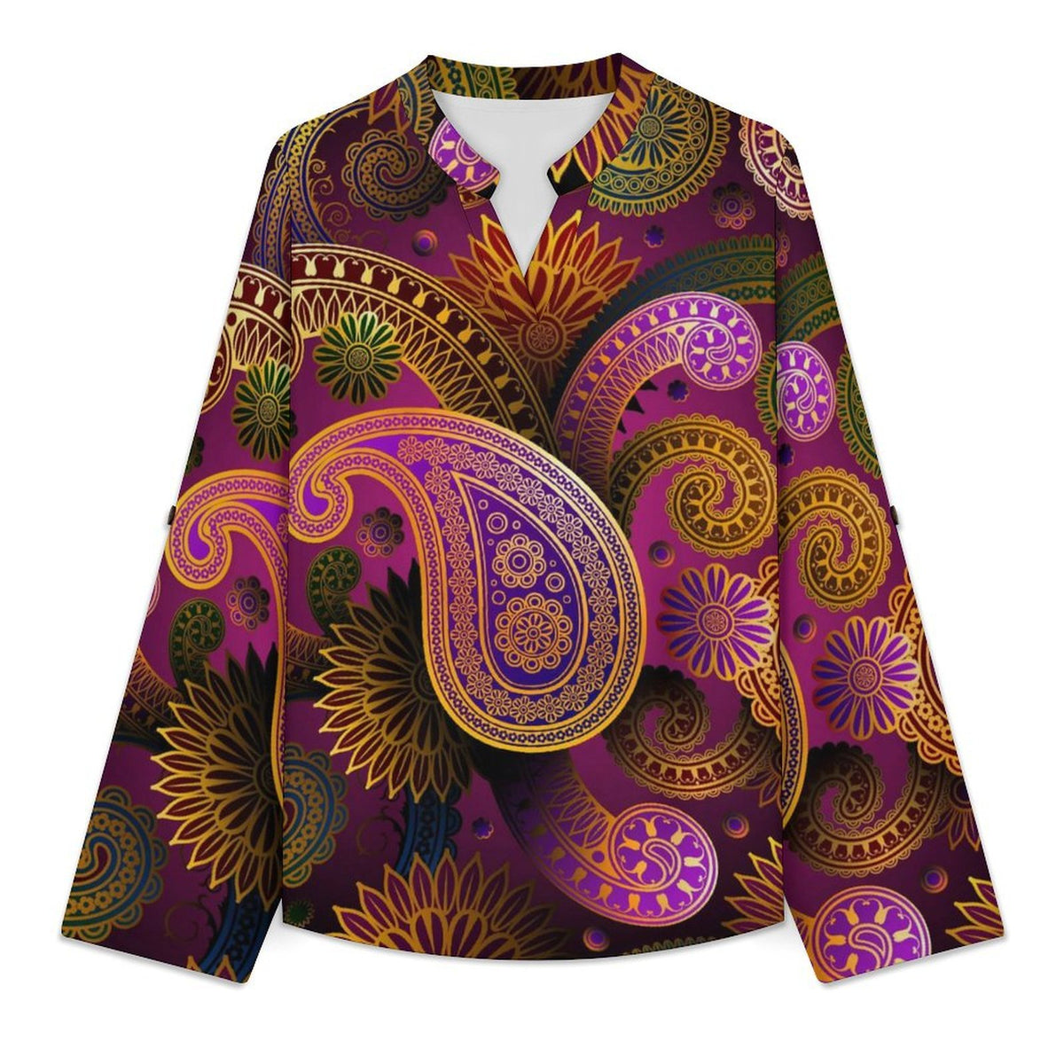 Paisley  Versatile Notched V-Neck Tunic | Roll Tab 3/4 Sleeve Office Casual Top