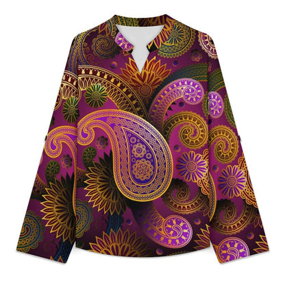 Paisley  Versatile Notched V-Neck Tunic | Roll Tab 3/4 Sleeve Office Casual Top