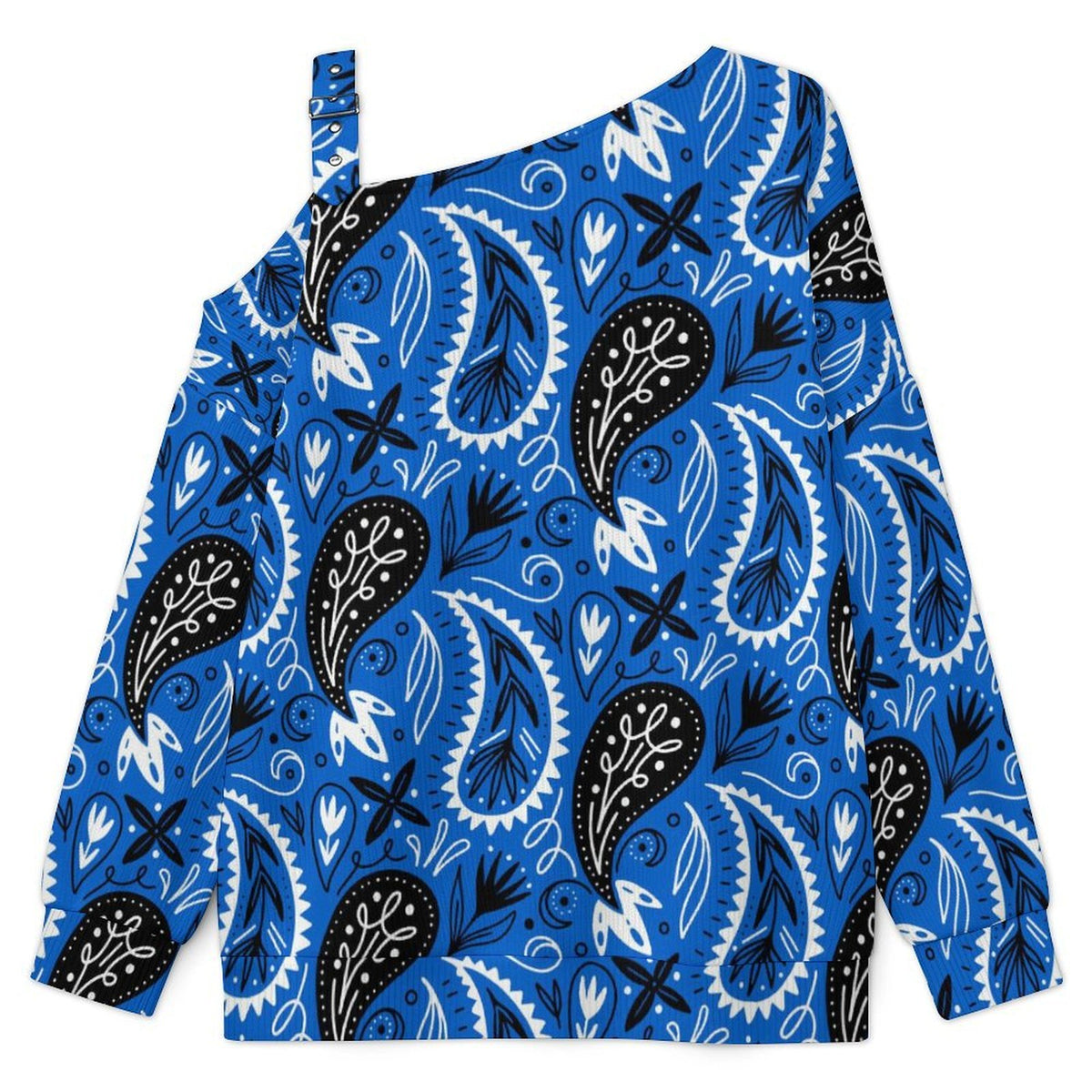 Fall Casual Asymmetric Shoulder Knit Top with Buckle Detail Paisley