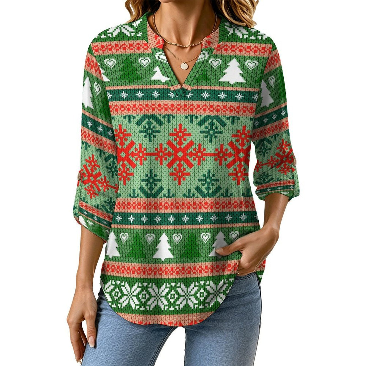 Christmas Texture  Versatile Notched V-Neck Tunic | Roll Tab 3/4 Sleeve Office Casual Top