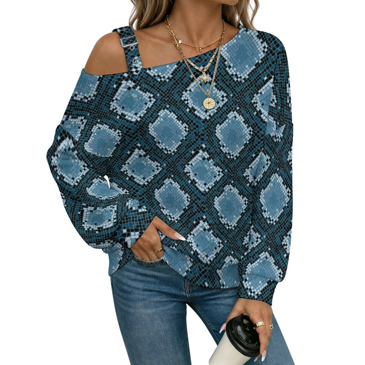 Fall Casual Asymmetric Shoulder Knit Top with Buckle Detail Snakeskin Pattern, Repeating Pattern