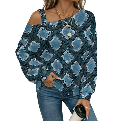 Fall Casual Asymmetric Shoulder Knit Top with Buckle Detail Snakeskin Pattern, Repeating Pattern
