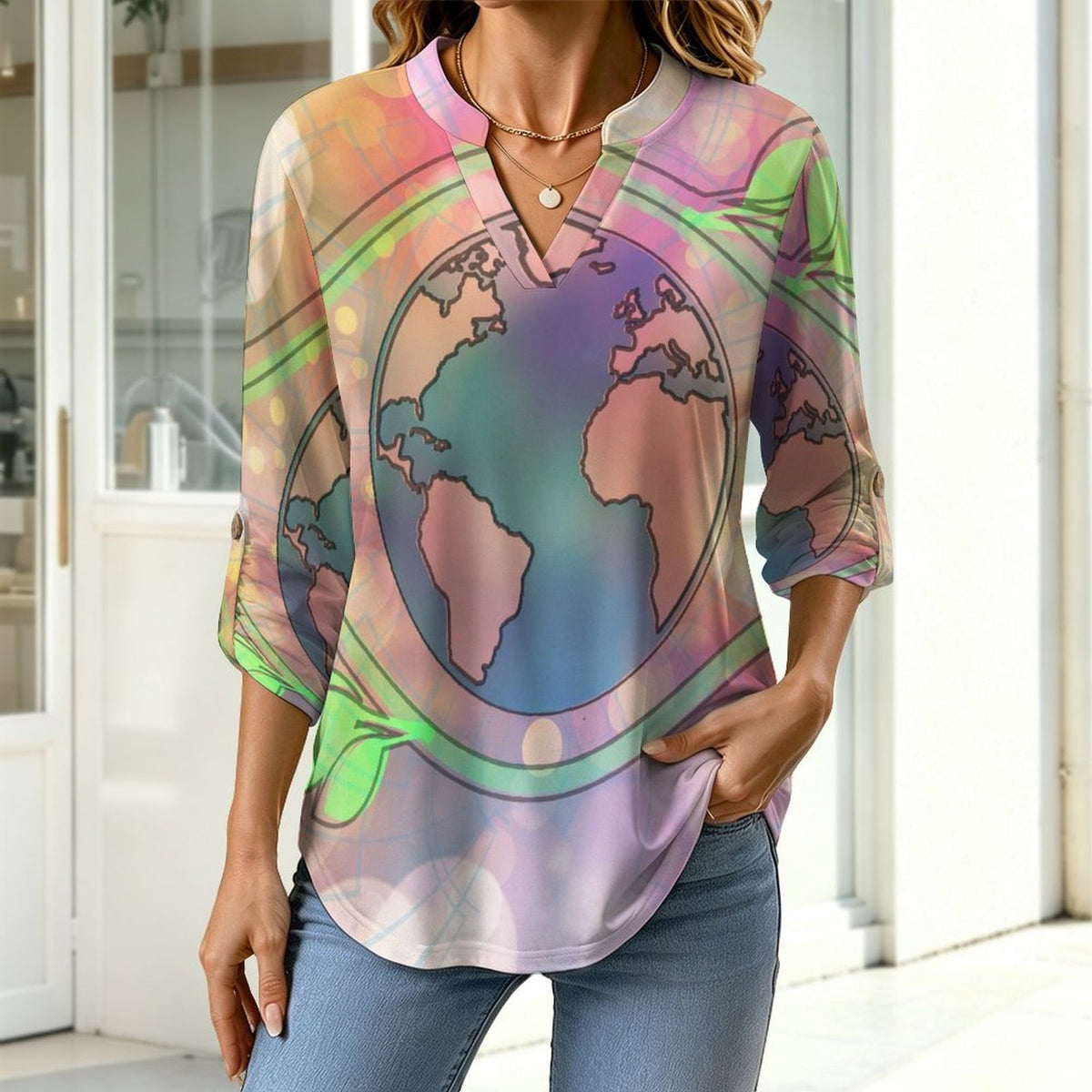 Stand-up Collar Long-sleeved Shirt Plants, Protect The Earth white SWomen’s V-Neck Blouses