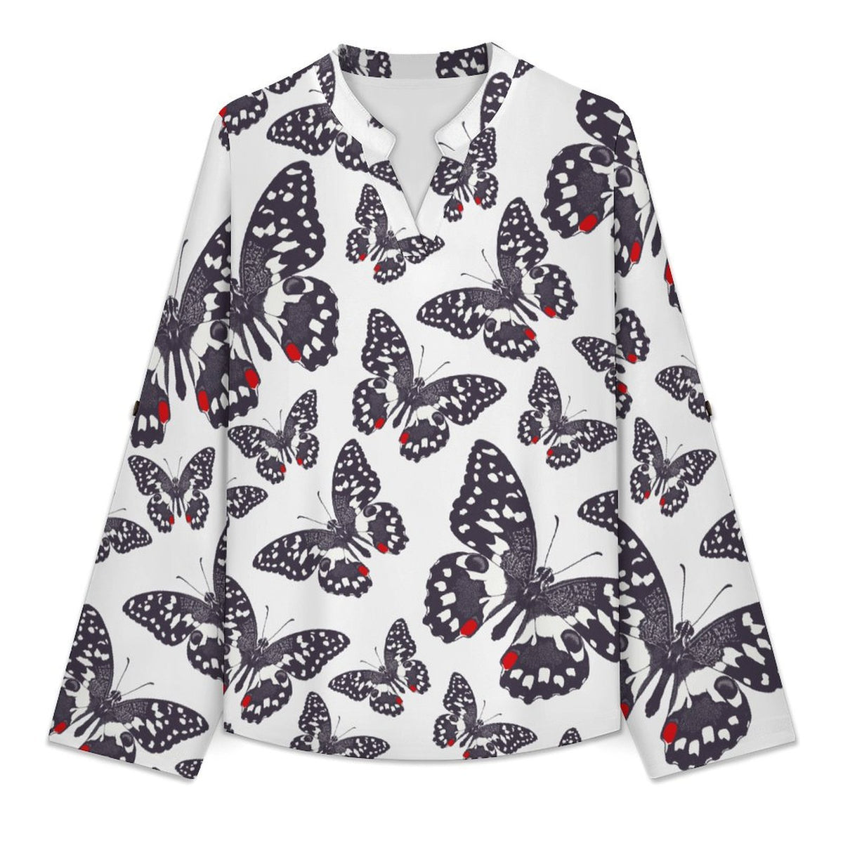 Women's Notched V Neck Tunic Tops, Roll Up 3/4 Sleeve Button Cuff Casual Blouse, Hem Loose Work Shirts  Butterfly, Repeating Pattern