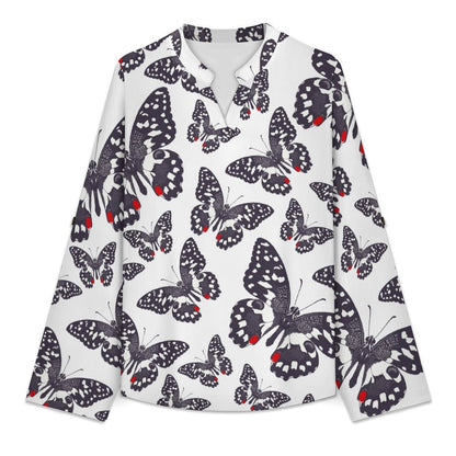 Women's Notched V Neck Tunic Tops, Roll Up 3/4 Sleeve Button Cuff Casual Blouse, Hem Loose Work Shirts  Butterfly, Repeating Pattern