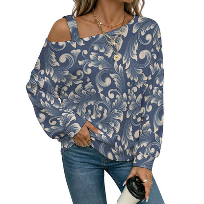 Women’s Off-Shoulder Knit Sweater Blue Retro Pattern