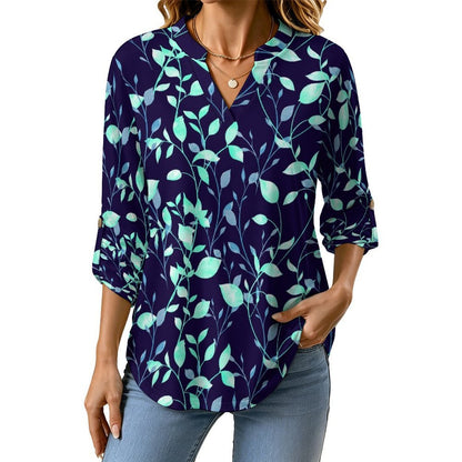 Flower  Versatile Notched V-Neck Tunic | Roll Tab 3/4 Sleeve Office Casual Top