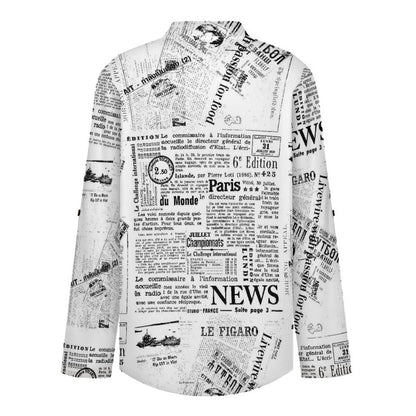 Stand-up Collar Long-sleeved Shirt Newspaper Vintage Dress white S Women’s V-Neck Blouses