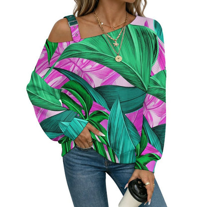 Hemp Leaf Pattern, Summer Buckle Strap Asymmetrical Off Shoulder Knit Sweater