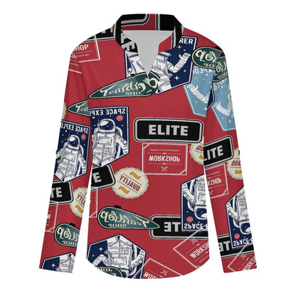 Stand-up Collar Long-sleeved Shirt Astronauts, Icons, Newspapers white S Women’s V-Neck Blouses