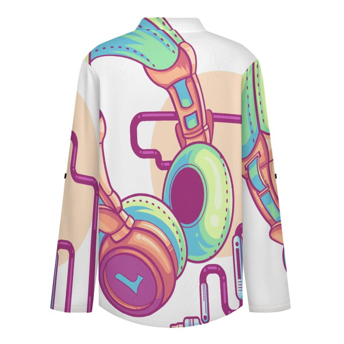 Headphones, Music  Women Curved Hem V Neck Roll Sleeve Casual Work Top