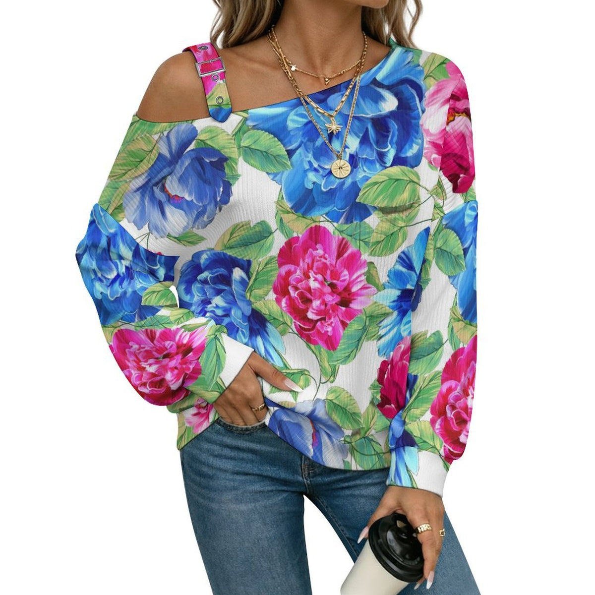 Women’s Off-Shoulder Knit Sweater Blue, Red, FlowersBlue, Red, Flowers
