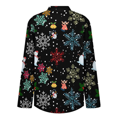 Black, Snowflakes, Santa Claus  Versatile Notched V-Neck Tunic | Roll Tab 3/4 Sleeve Office Casual Top