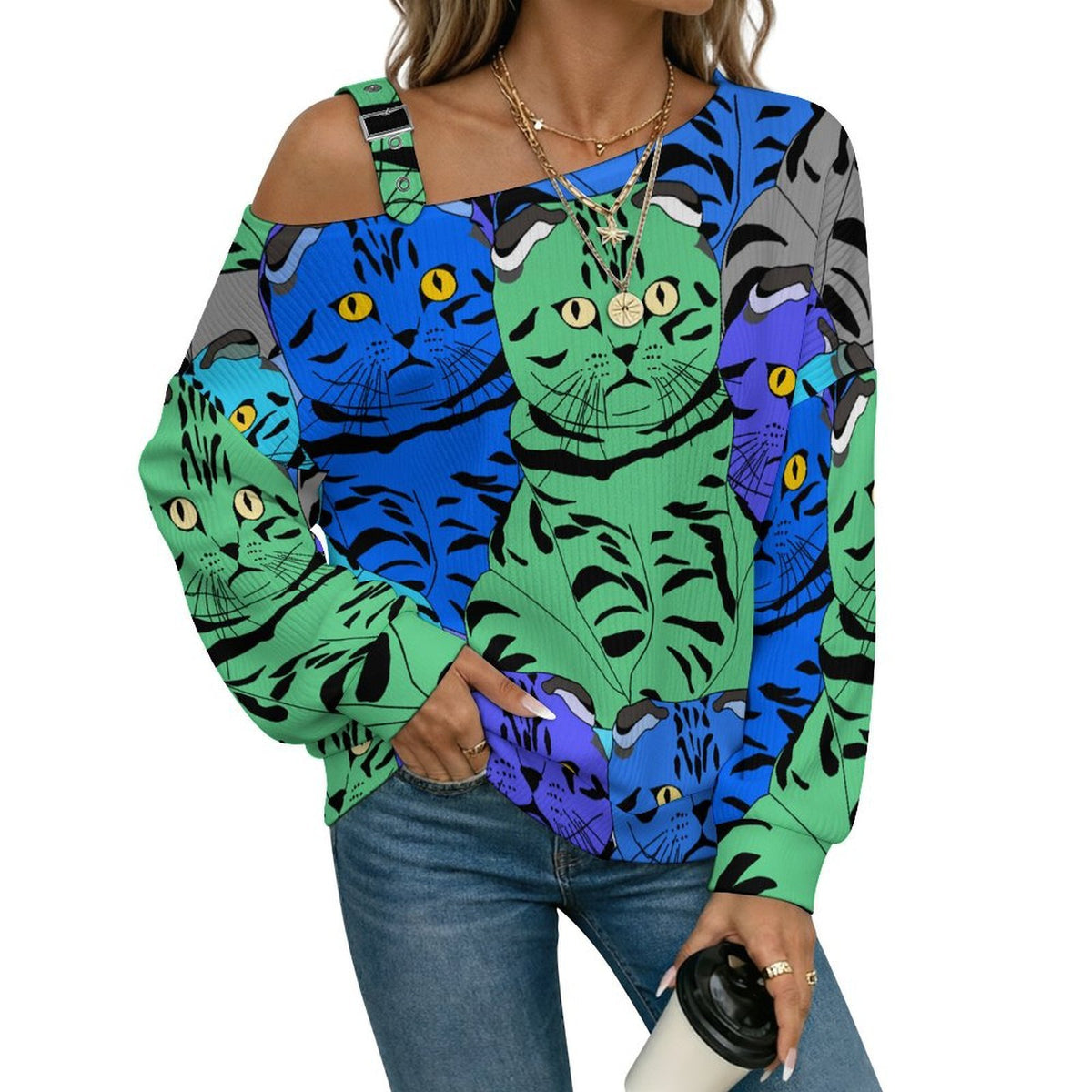 Off-the-shoulder SweaterColorful Cat, Stacked Pattern Women’s Off-Shoulder Knit Sweater