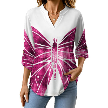 Red, Butterfly Roll Tab 3/4 Sleeve Notched V Neck Tunic Blouse