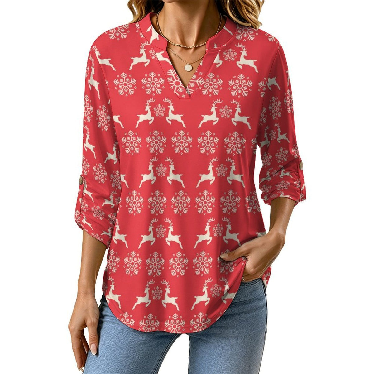 Women's Notched V Neck Tunic Tops, Roll Up 3/4 Sleeve Button Cuff Casual Blouse, Hem Loose Work Shirts  Christmas-snowflake-reindeer-red-tiled-repeat