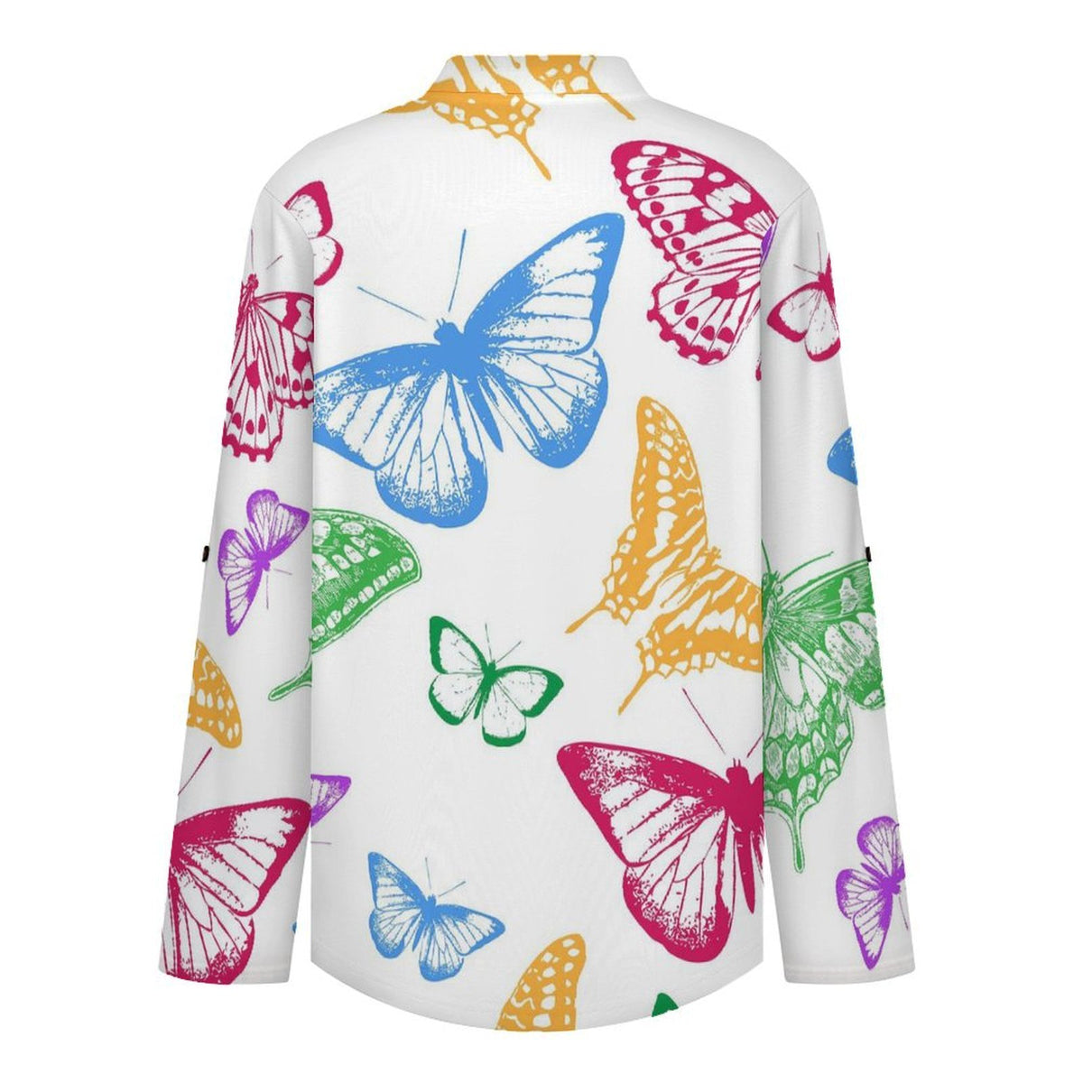 Versatile Notched V-Neck Tunic | Roll Tab 3/4 Sleeve Office Casual Top  Colorful Butterflies