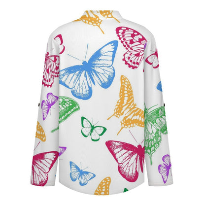 Versatile Notched V-Neck Tunic | Roll Tab 3/4 Sleeve Office Casual Top  Colorful Butterflies