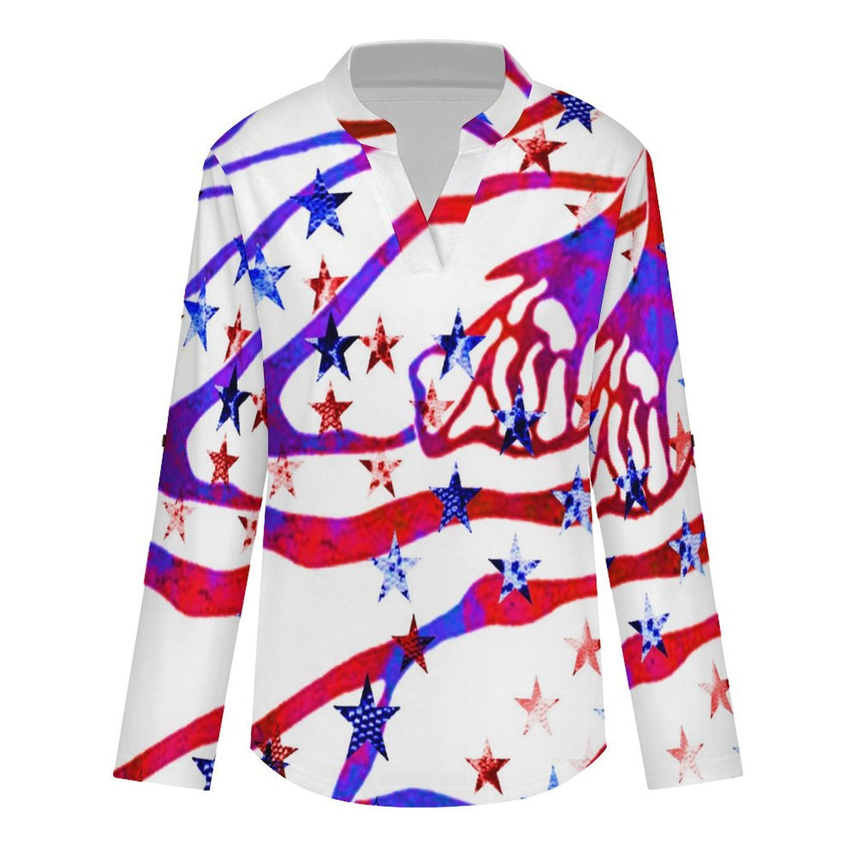 Women's Notched V Neck Tunic Tops, Roll Up 3/4 Sleeve Button Cuff Casual Blouse, Hem Loose Work Shirts  Flow,American Flag,star