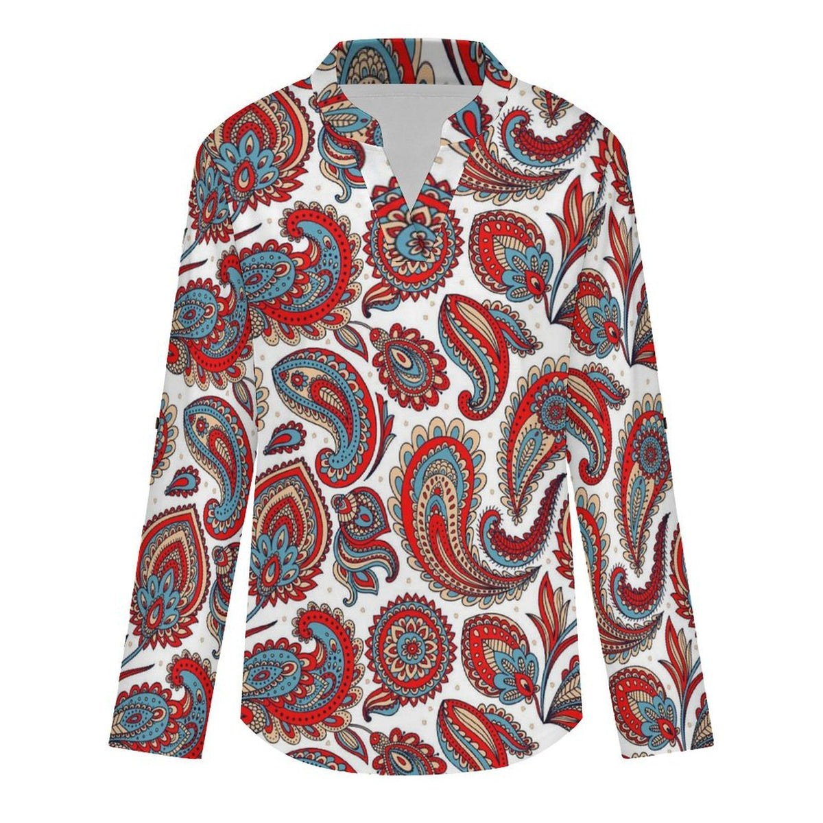 Paisley  Versatile Notched V-Neck Tunic | Roll Tab 3/4 Sleeve Office Casual Top