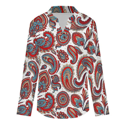 Paisley  Versatile Notched V-Neck Tunic | Roll Tab 3/4 Sleeve Office Casual Top